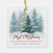 First Christmas Baby Name Snowy Woodland Photo  Keramisch Ornament (Voorkant)
