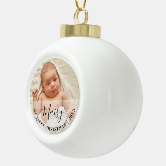 First Christmas Baby Photo Script Name Keramische Bal Ornament (Rechts)