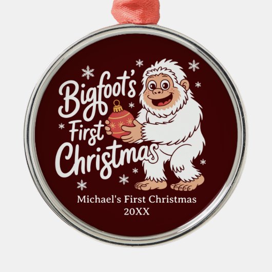 First Christmas BigFoot Sasquatch Funny Custom Metalen Ornament (Voorkant)