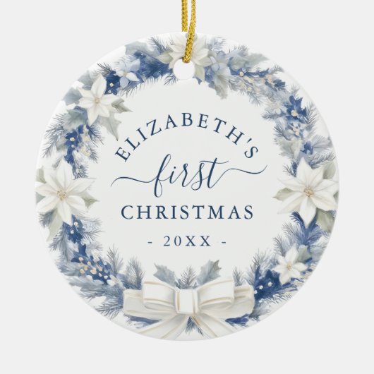 First Christmas Blue Rustic Wreath Keramisch Ornament (Voorkant)