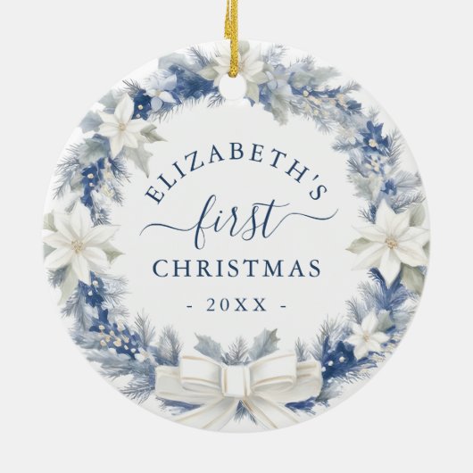 First Christmas Blue Rustic Wreath Keramisch Ornament (Achterkant)