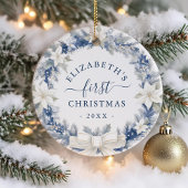 First Christmas Blue Rustic Wreath Keramisch Ornament