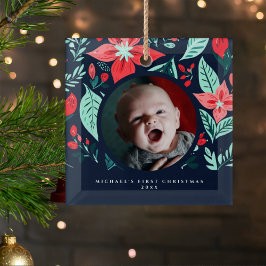 First Christmas Botanical Red Floral Blue Photo Glas Ornament