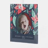 First Christmas Botanical Red Floral Blue Photo Glas Ornament (Voorkant links)