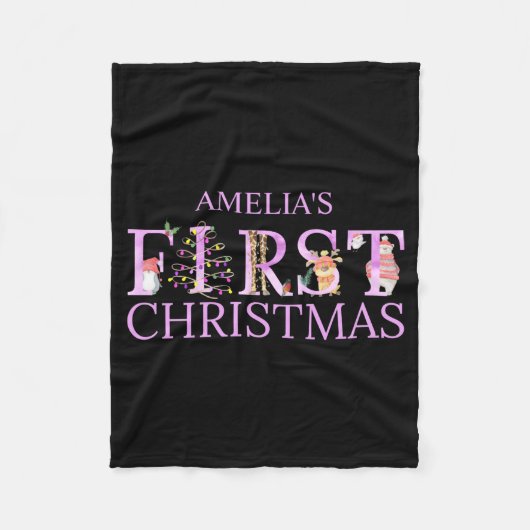 First Christmas Cute Animal Letters Girl Name Baby Fleece Deken (Voorkant)