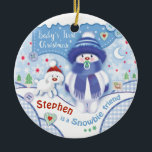 First Christmas, Cute Ornament for Baby Boy<br><div class="desc">Once upon a time, there was a very special ornament for a very special little boy. This ornament was special beerce was the little boy's very first Christmas. This is a sweet round ceramic ornament with two Snowbie characters illustrated on the front. Snowbie boy and his snow dog. The back...</div>