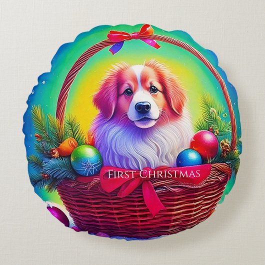 First Christmas Cutest Dog in Holiday Basket Rond Kussen (Voorkant)
