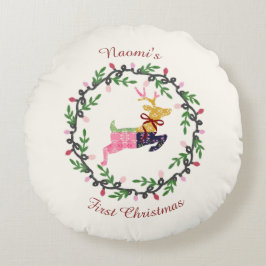 First Christmas Deer with Wreath Customize Rond Kussen