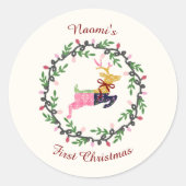 First Christmas Deer with Wreath Customize Ronde Sticker (Voorkant)