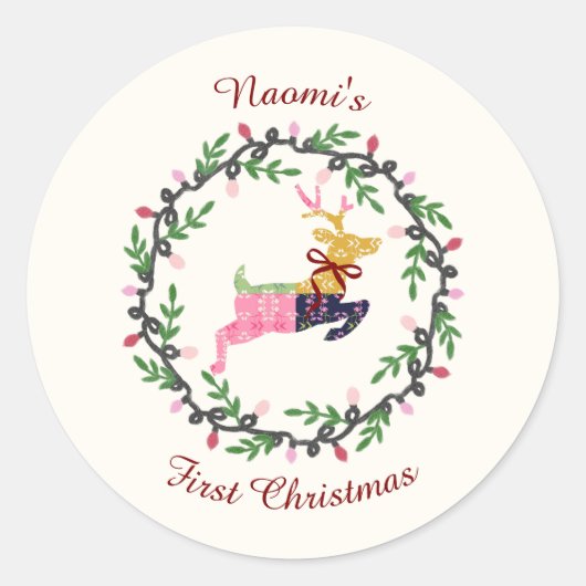 First Christmas Deer with Wreath Customize Ronde Sticker (Voorkant)
