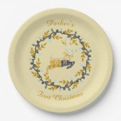 First Christmas Deer with Wreath Soft Yellow Papieren Bordje (Voorkant)