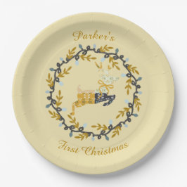 First Christmas Deer with Wreath Soft Yellow  Papieren Bordje