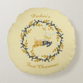 First Christmas Deer with Wreath Soft Yellow  Rond Kussen