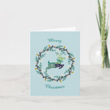 First Christmas Deer with Wreath Teal Folded Card