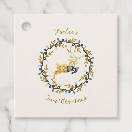 First Christmas Deer with Wreath Yellow Cream Bedankjes Labels (Voorkant)
