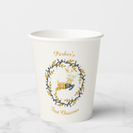 First Christmas Deer with Wreath Yellow Cream Papieren Bekers