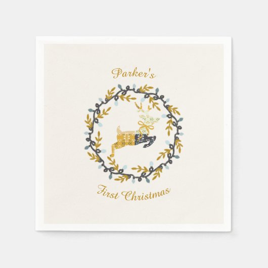 First Christmas Deer with Wreath Yellow Cream Servet (Voorkant)