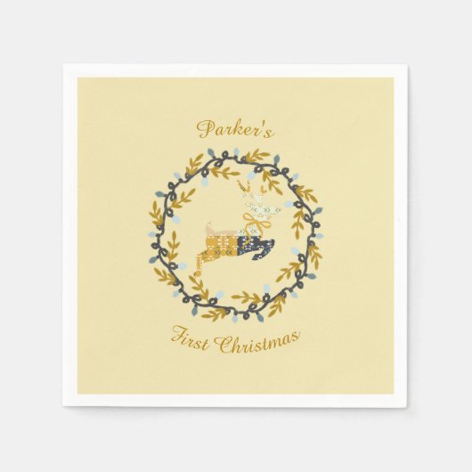 First Christmas Deer with Wreath Yellow  Servet (Voorkant)
