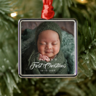 First Christmas Editable Color Newborn Baby Photo  Metalen Ornament