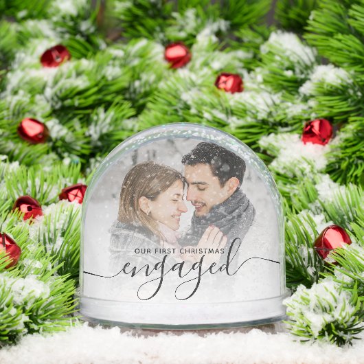 First Christmas Engaged 2 Photo Black Script Sneeuwbol (Kerstmis)