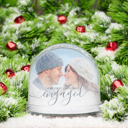 First Christmas Engaged 2 Photo Dusty Blue Script Sneeuwbol (Kerstmis)
