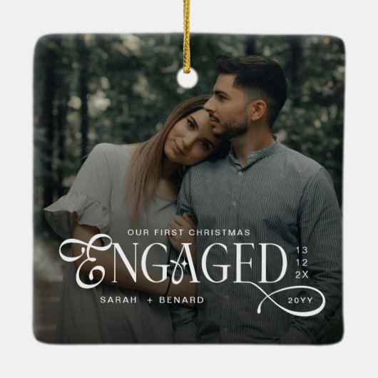 First Christmas Engaged  Chic Couples 2 Photos  Keramisch Ornament (Achterkant)