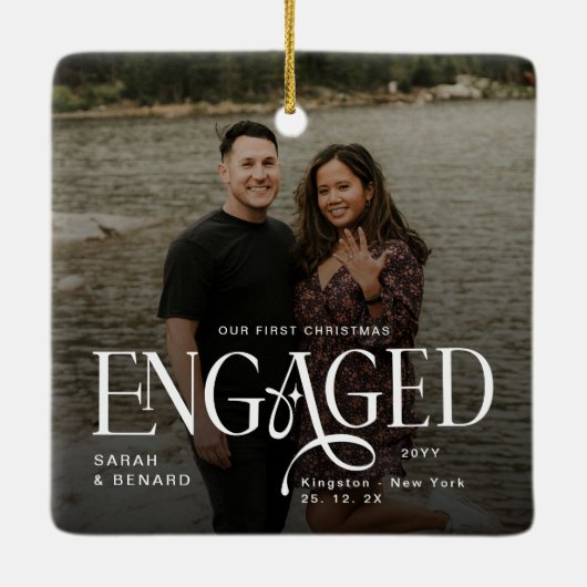 First Christmas Engaged  Chic Couples 2 Photos Keramisch Ornament (Achterkant)