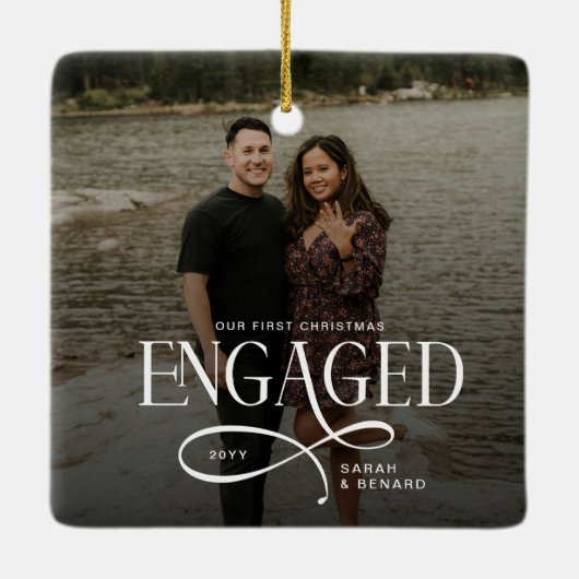 First Christmas Engaged  Chic Couples 2 Photos Keramisch Ornament (Achterkant)