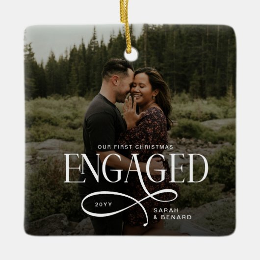First Christmas Engaged  Chic Couples 2 Photos Keramisch Ornament (Voorkant)