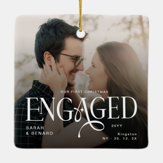 First Christmas Engaged  Chic Couples 2 Photos Keramisch Ornament (Achterkant)