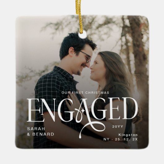 First Christmas Engaged  Chic Couples 2 Photos Keramisch Ornament (Voorkant)