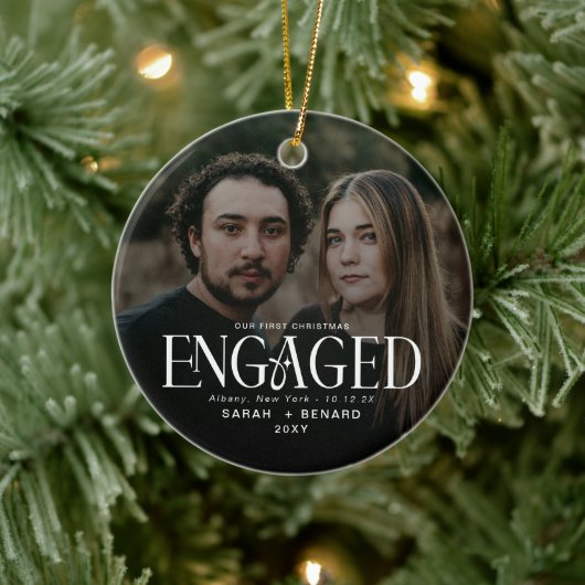 First Christmas Engaged  Chic Couples Photo Cerami Keramisch Ornament (Boom)