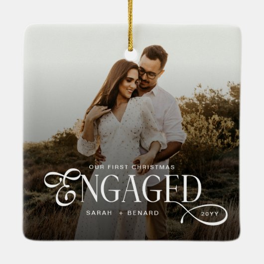 First Christmas Engaged Chic Couples Photo Keramisch Ornament (Achterkant)
