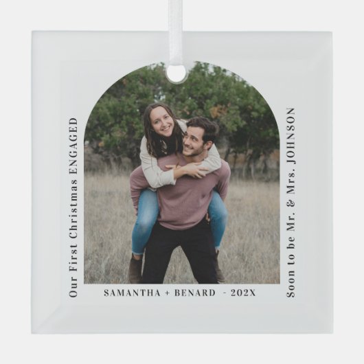 First Christmas Engaged Couples Photo Arch Glas Ornament (Voorkant)