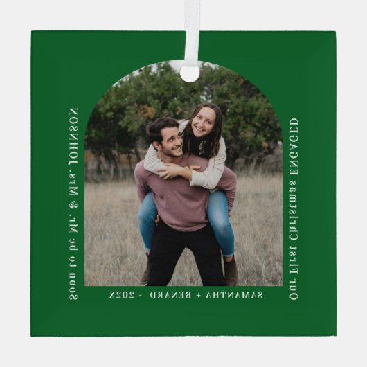 First Christmas Engaged Couples Photo Arch Glas Ornament (Achterkant)