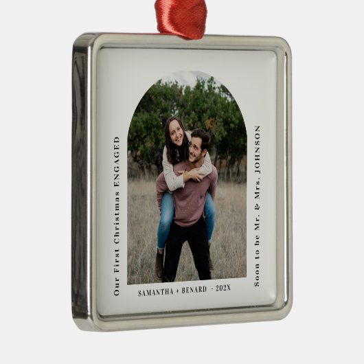 First Christmas Engaged Couples Photo Arch Metalen Ornament (Rechts)