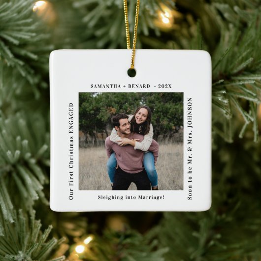 First Christmas Engaged Couples Photo Keramisch Ornament (Boom)