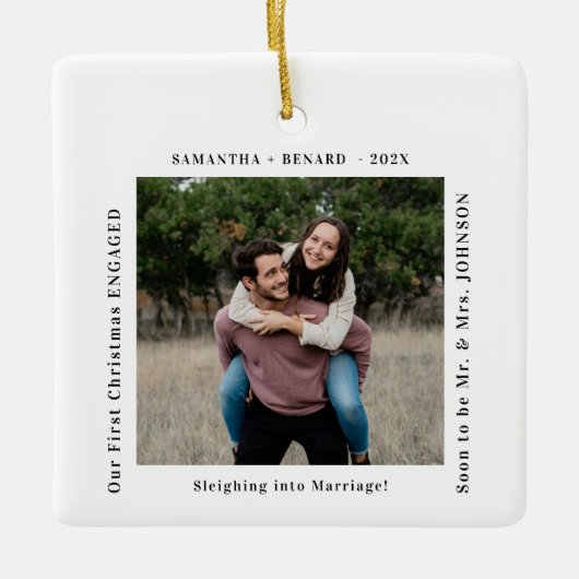 First Christmas Engaged Couples Photo Keramisch Ornament (Voorkant)