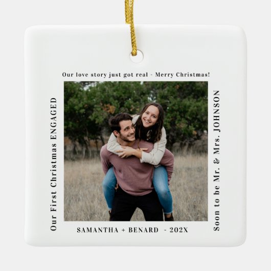 First Christmas Engaged Couples Photo Keramisch Ornament (Voorkant)