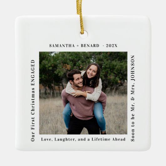 First Christmas Engaged Couples Photo Keramisch Ornament (Voorkant)