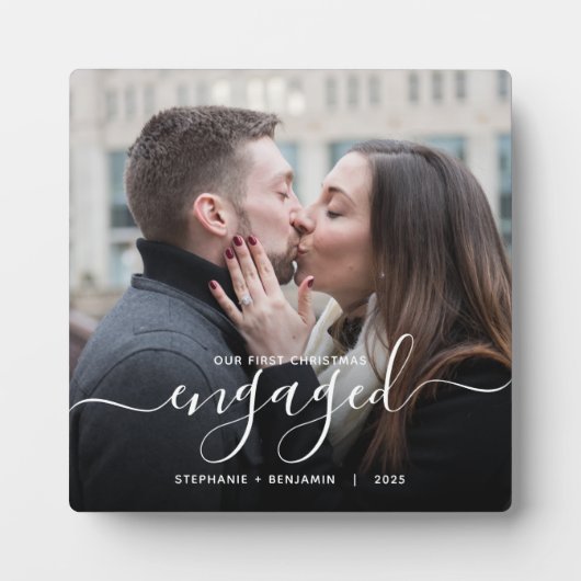 First Christmas Engaged Custom Photo White Script Fotoplaat (Voorkant)