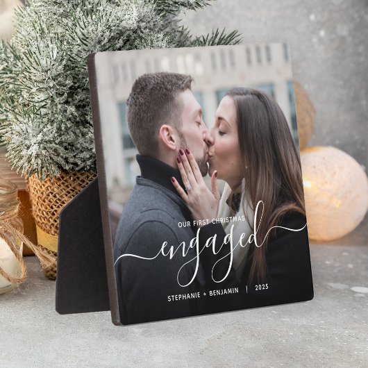 First Christmas Engaged Custom Photo White Script Fotoplaat