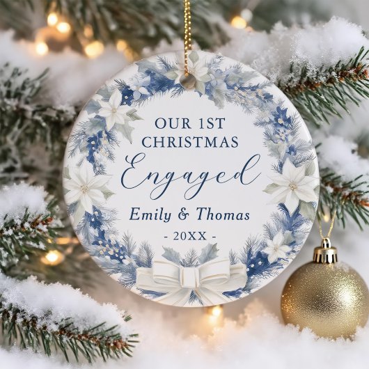 First Christmas Engaged Floral Wreath Photo Keramisch Ornament