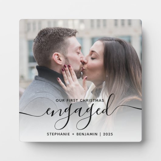 First Christmas Engaged Photo Black Script Fotoplaat (Voorkant)
