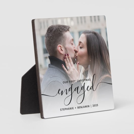 First Christmas Engaged Photo Black Script Fotoplaat (Voorkant)