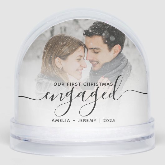 First Christmas Engaged Photo Black Script Sneeuwbol (Voorkant)