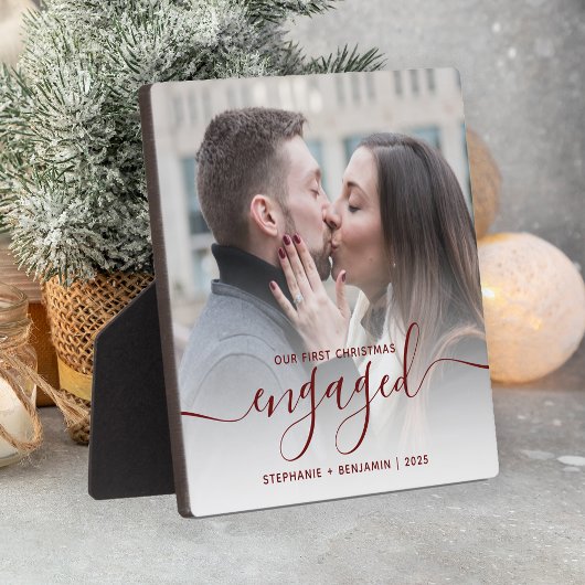 First Christmas Engaged Photo Burgundy Red Script Fotoplaat