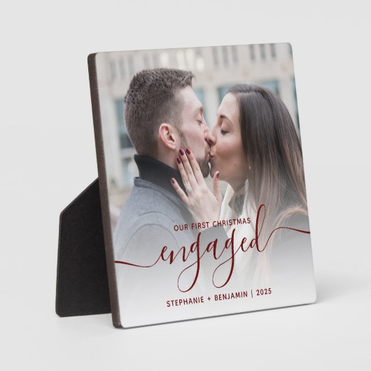 First Christmas Engaged Photo Burgundy Red Script Fotoplaat (Voorkant)
