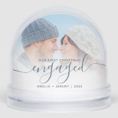 First Christmas Engaged Photo Dusty Blue Script Sneeuwbol (Voorkant)