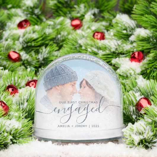 First Christmas Engaged Photo Dusty Blue Script Sneeuwbol (Kerstmis)